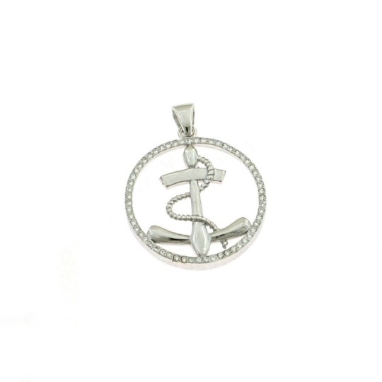 Anchor pendant white gold plated in round zircon in 925 silver