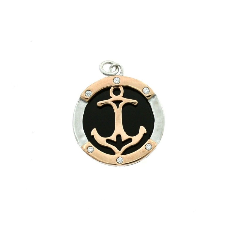 Anchor pendant white and rose gold plated with 6 light points on a black onyx base in 925 silver