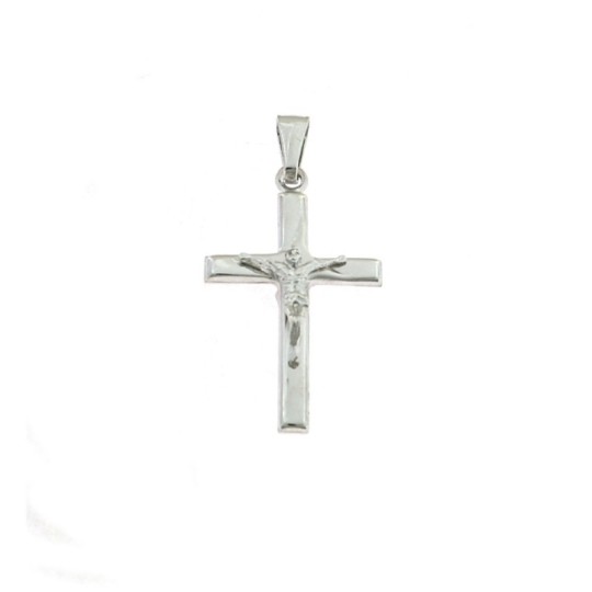 White gold plated smooth cross pendant with Christ in 925 silver