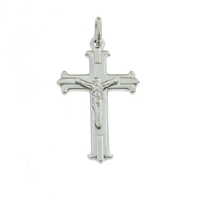 White gold plated smooth cross pendant with Christ and striped and scalloped points in 925 silver