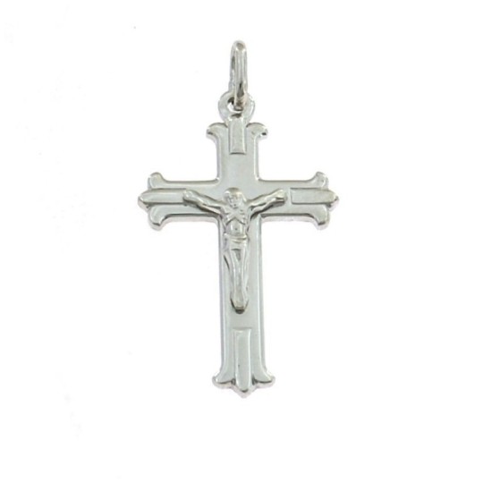 Ciondolo croce liscia placcato oro bianco con cristo e punte rigate e smerlate in argento 925