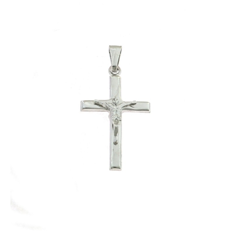 White gold plated cross pendant with Christ and satin detail in 925 silver