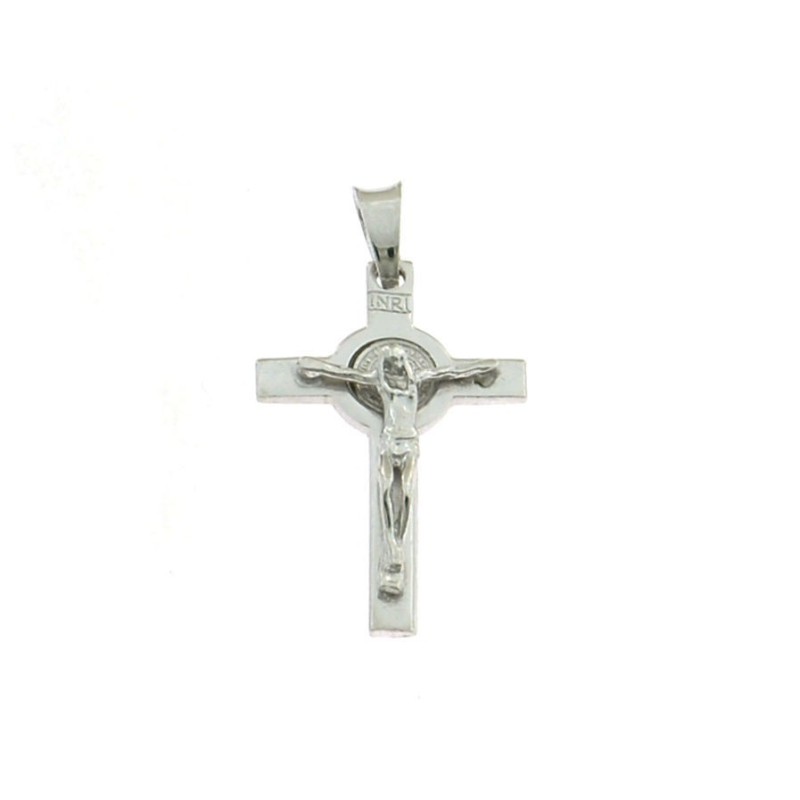 Cross plate pendant 30x20 mm. white gold plated with 925 silver christ