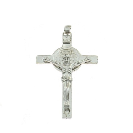 Plate cross pendant 32x50 mm. white gold plated with 925 silver christ