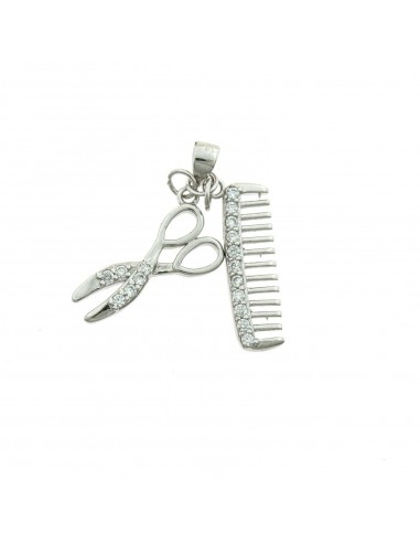 White gold plated scissor and comb pendant with semi zirconia in 925 silver