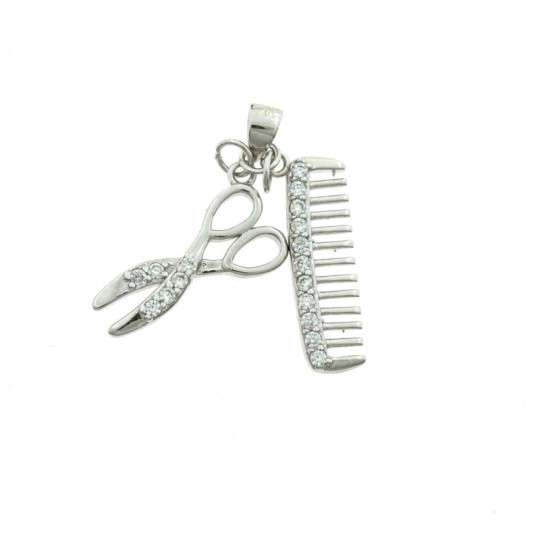 White gold plated scissor and comb pendant with semi zirconia in 925 silver