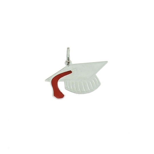 Graduation hat pendant in white gold plated with red enamel detail in 925 silver