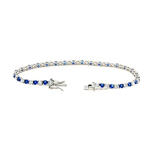 Bracciale tennis placcato oro bianco con zirconi bianchi e blu da 2 mm. in argento 925