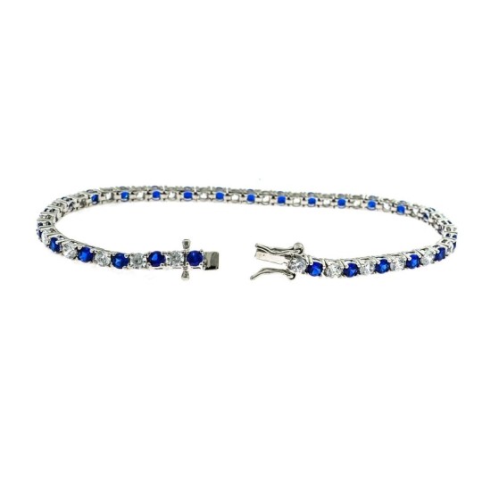 Bracciale tennis placcato oro bianco con zirconi bianchi e blu da 3 mm. in argento 925