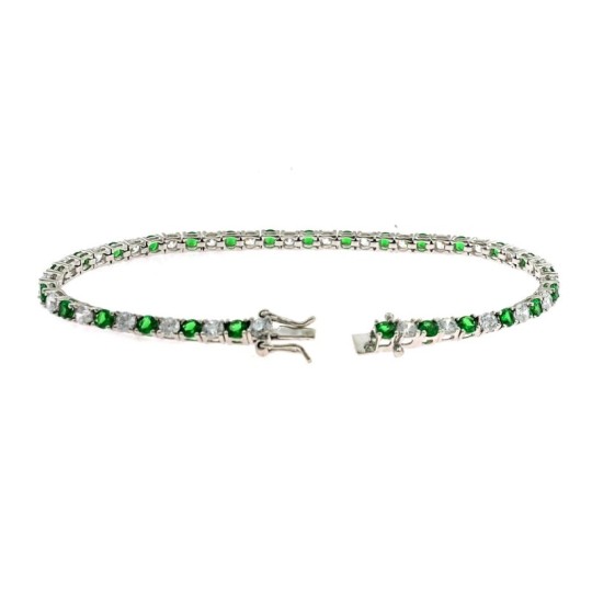 White gold plated tennis bracelet with 3 mm green and white zircons. in 925 silver