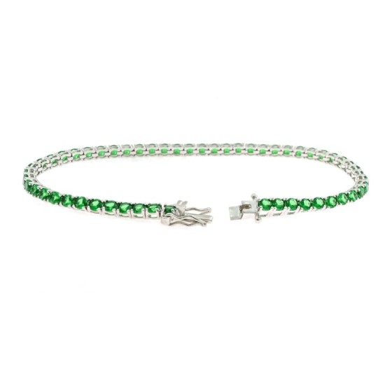 Bracciale tennis placcato oro bianco con zirconi verdi da 3 mm. in argento 925