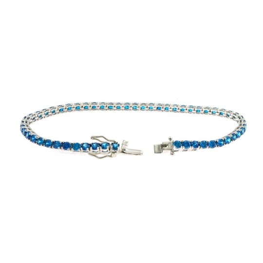 Bracciale tennis placcato oro bianco con zirconi blu da 3 mm. in argento 925