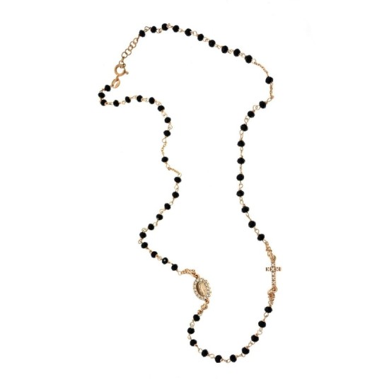 Rose gold-plated round rosary necklace with faceted black swarovski stone and 925 silver zircons