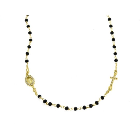 Collana rosario a giro placcata oro giallo con pietra swarovski nera faccettata e zirconi in argento 925