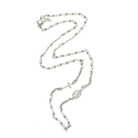 White gold plated round rosary necklace with 3 mm faceted sphere in 925 silver (50 cm)