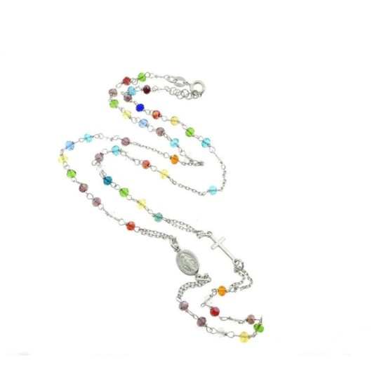 White gold plated round rosary necklace with multicolor swarovski stones in 925 silver