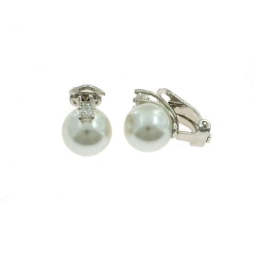 Pearl clip earrings ø 10 mm. on a white gold plated base with 925 silver zircon