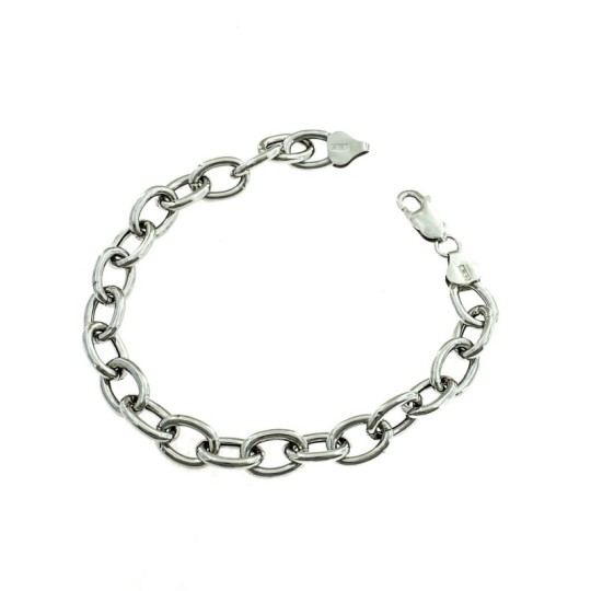 Bracciale maglia rolò ovale da 8 mm. placcato oro bianco in argento 925