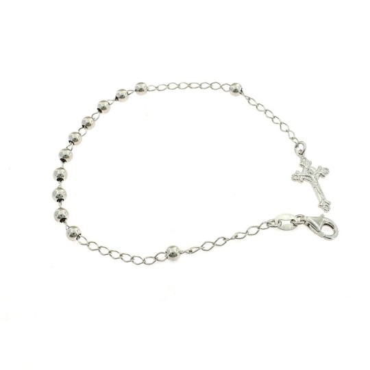 Bracciale rosario a sfera liscia da 4 mm. placcato oro bianco con croce fusa con cristo in argento 925