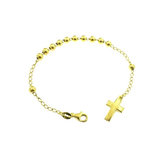 Bracciale rosario a sfera liscia da 5 mm. placcato oro giallo con croce bombata in argento 925