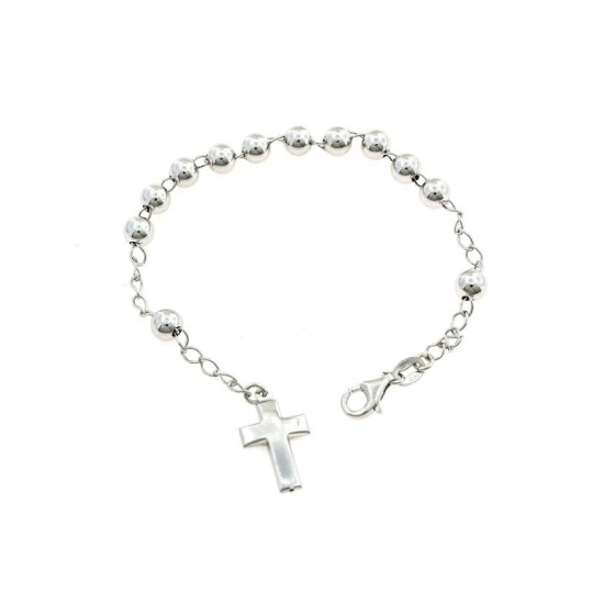 Bracciale rosario a sfera liscia da 6 mm. placcato oro bianco con croce bombata in argento 925