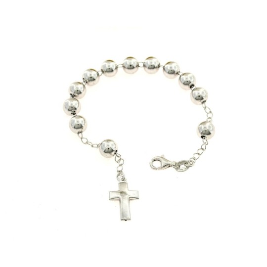 Bracciale rosario a sfera liscia da 8 mm. placcato oro bianco con croce bombata in argento 925