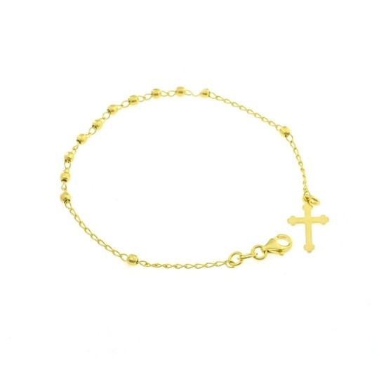 Bracciale rosario a sfera faccettata da 3 mm. placcato oro giallo con croce a lastra in argento 925