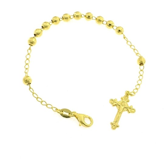 Bracciale rosario a sfera faccettata da 5 mm. placcato oro giallo con croce fusa con cristo in argento 925