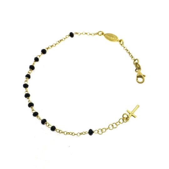 Bracciale rosario pietre swarovski nere placcato oro giallo con madonna e croce pendente in argento 925