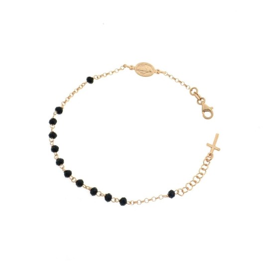 Rosary bracelet with black swarovski stones, rose gold plated with madonna and cross pendant in 925 silver