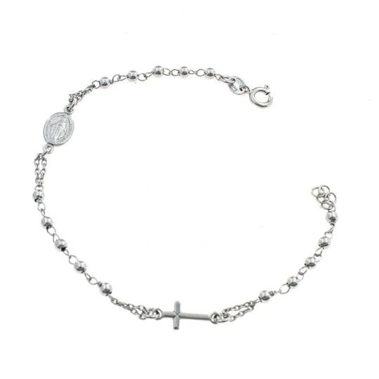 3 mm smooth sphere rosary bracelet with white gold plated cross and madonna in 925 silver