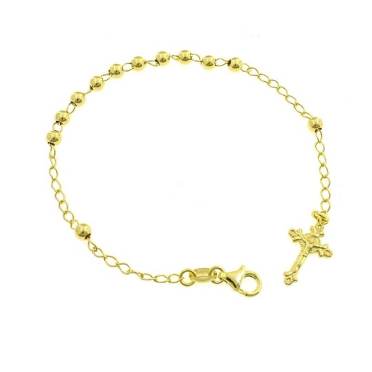 Bracciale rosario a sfera liscia da 4 mm. placcato oro giallo con croce fusa con cristo in argento 925