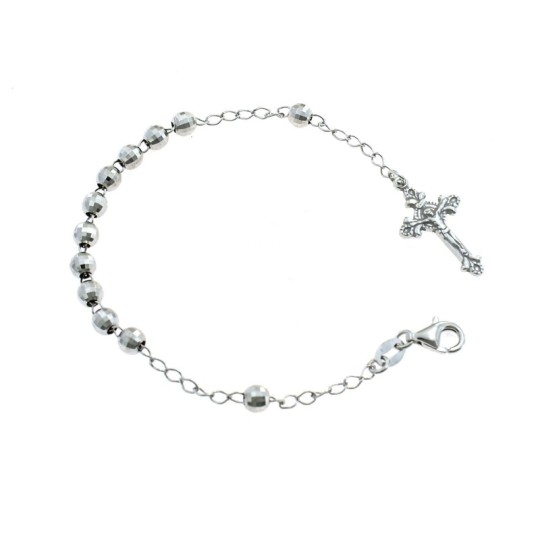 Bracciale rosario a sfera faccettata da 5 mm. placcato oro bianco con croce fusa con cristo in argento 925