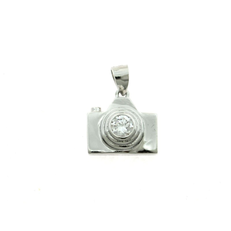 White gold plated camera pendant with central zircon in 925 silver