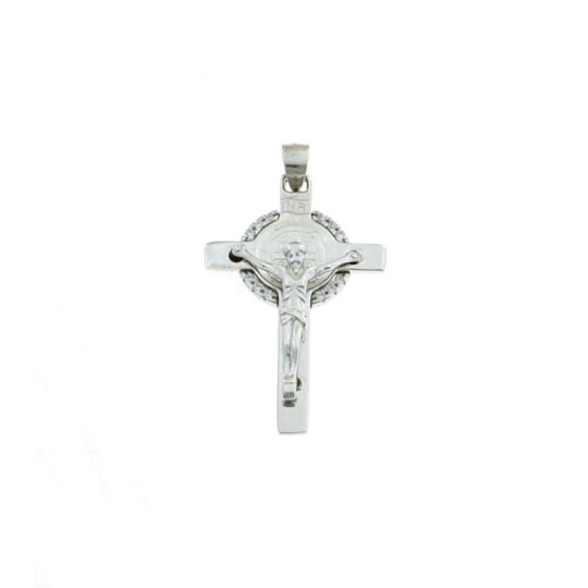 Cross pendant 22x35 mm. white gold plated with christ and white zircons in 925 silver