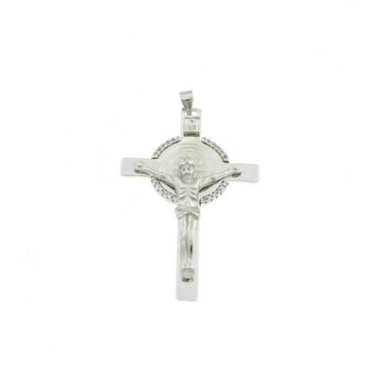 Cross pendant 32x51 mm. white gold plated with christ and white zircons in 925 silver