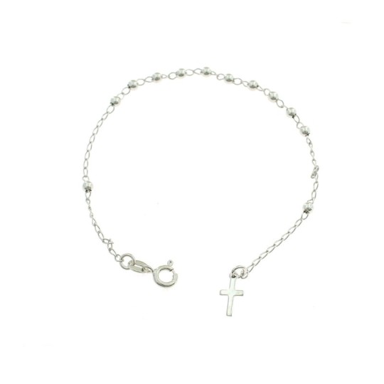 3mm smooth sphere rosary bracelet with white gold plated terminal plate cross in 925 silver