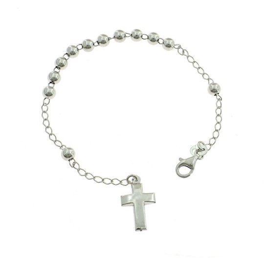 Bracciale rosario a sfera liscia da 5 mm. placcato oro bianco con croce bombata in argento 925