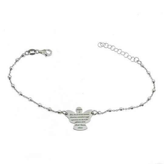 Bracciale placcato oro bianco con sfere faccettate da 2,5 mm. e angelo di dio inciso centrale 19x18 mm. in argento 925%