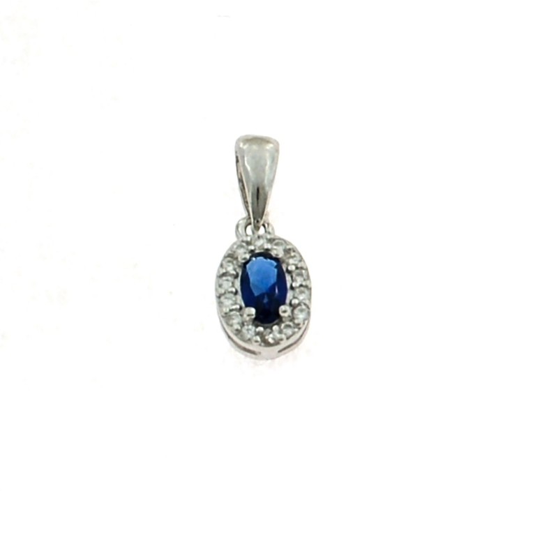 Blue oval zircon pendant 6x8 mm. on a white gold plated base with white zircons frame in 925 silver