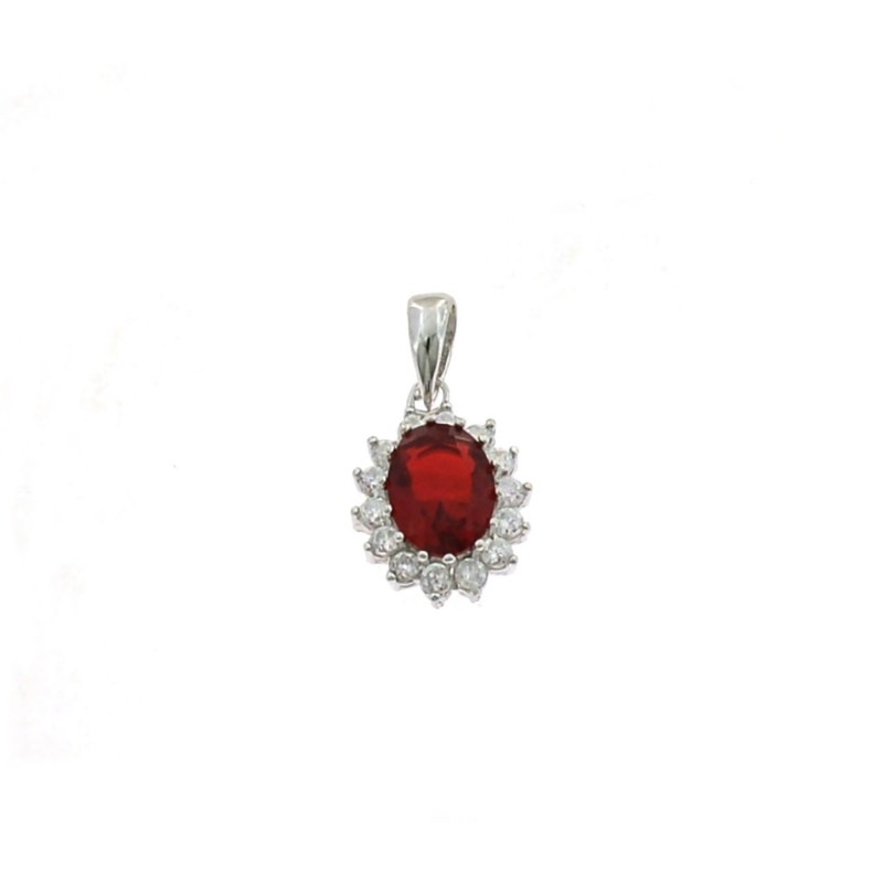 Red oval zircon pendant 9x11 mm. on a white gold plated base with a white zircon jaws frame in 925 silver