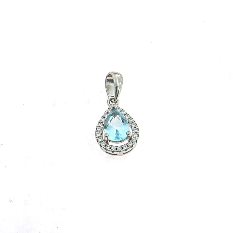 Aquamarine drop zircon pendant 8x11 mm. on a white gold plated base with white zircons frame in 925 silver