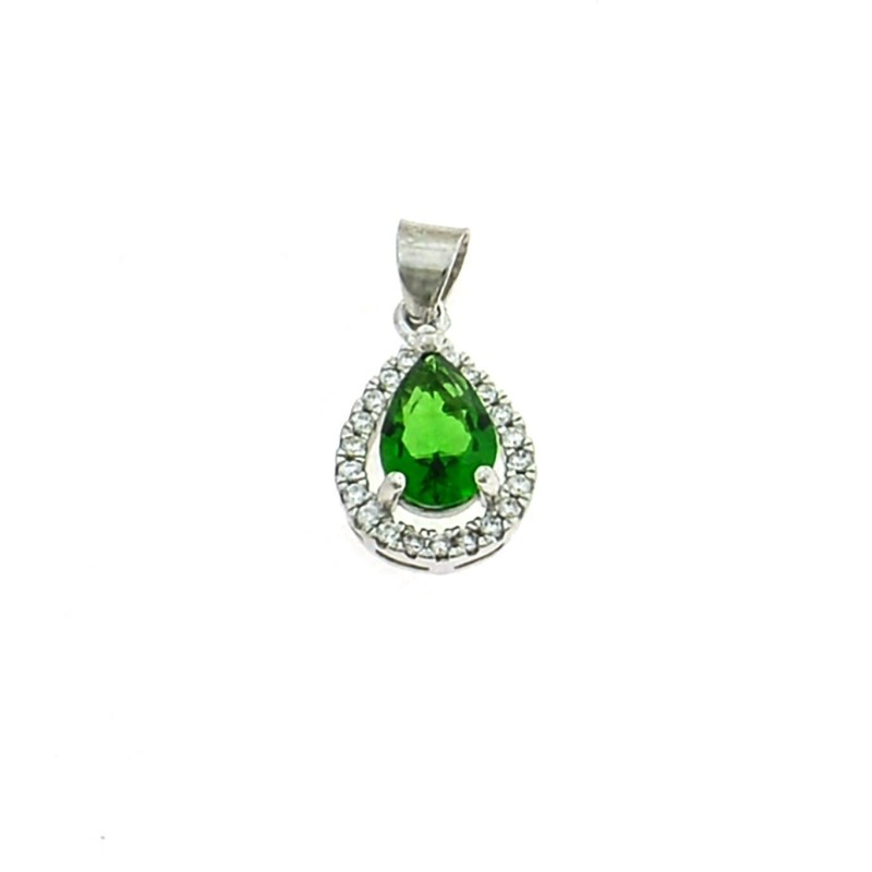 Green drop zircon pendant 8x11 mm. on a white gold plated base with white zircons frame in 925 silver