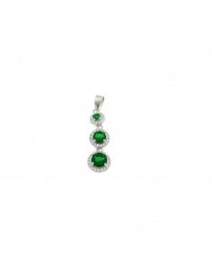 Pendant 3 round degradè green zircons on white gold plated base with white zircon frame in 925 silver