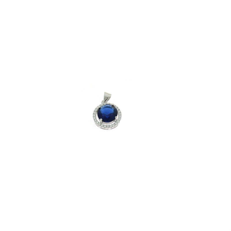 Blue round zircon pendant ø 11 mm. on a white gold plated base with white zircons frame in 925 silver