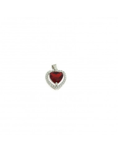 Red heart zircon pendant 12x13 mm. on a white gold plated base with white zircons frame in 925 silver