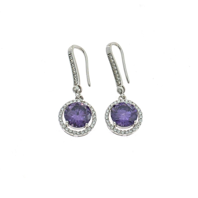 White gold plated pendant earrings with purple round zircon with frame and hook of white zircons in 925 silver