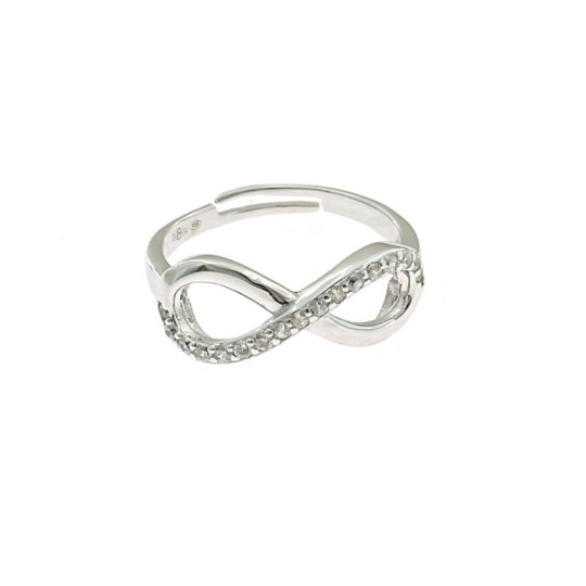 Adjustable white gold-plated ring with semi-zirconia wire infinity in 925 silver