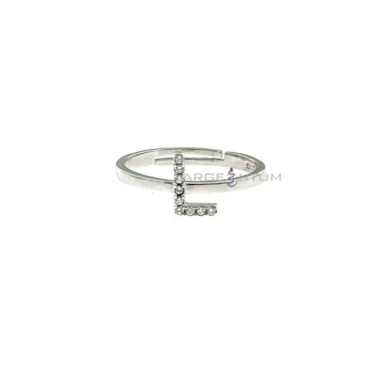 White gold plated adjustable ring with central zircon letter "L" in 925 silver