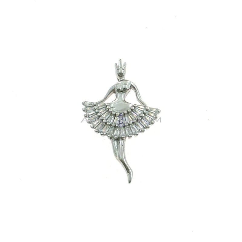 Ciondolo ballerina con tutù di zirconi taglio baguette con contromaglia passante placcato oro bianco in argento 925